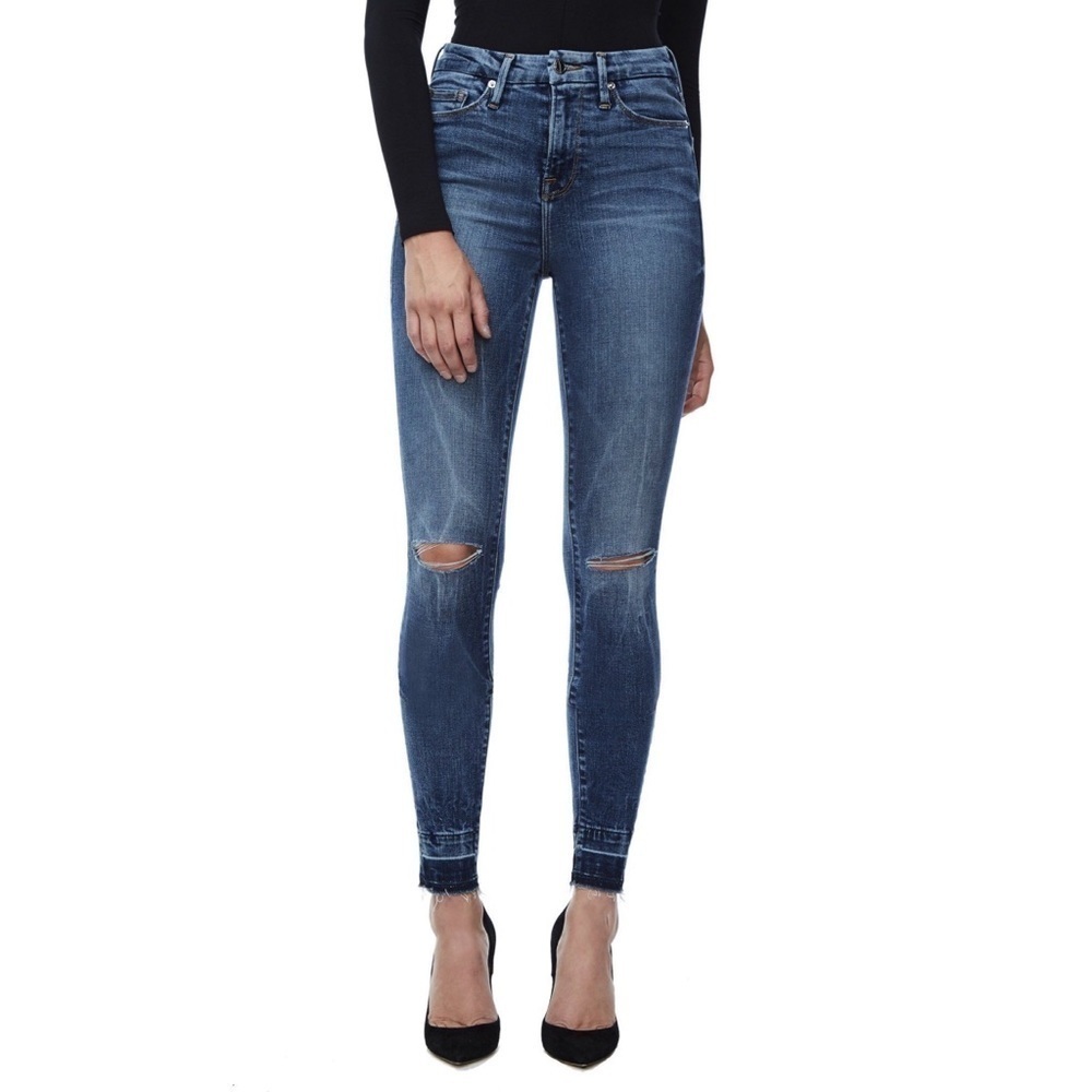 NWT Good American Good Legs High Waist Knee Slits Raw Hems Skinny Jeans 6 28‌‌